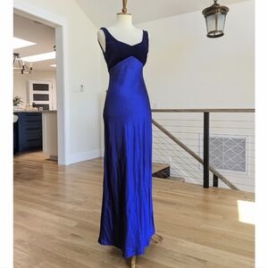 Vintage Deep Blue Satin Velvet Floor Length Gown